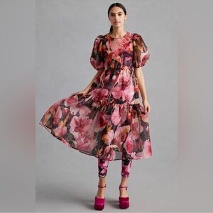 Anthropologie Vibrant Pink and Black Organza  Midi Dress size M